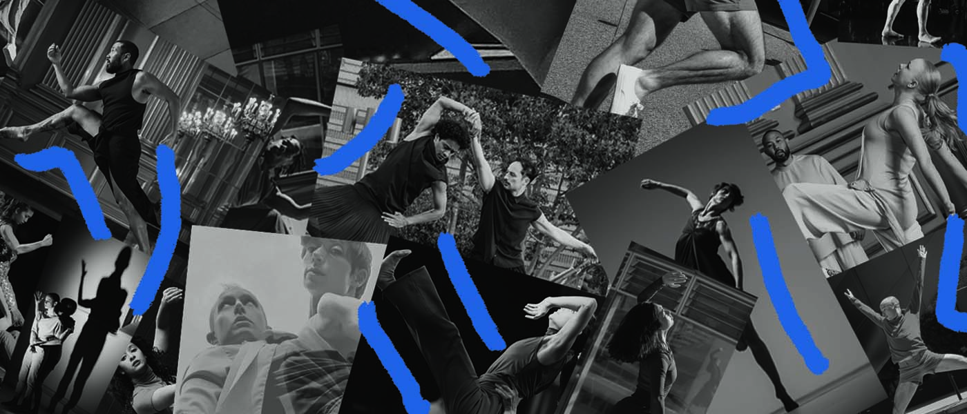 B&W collage of dance performance images, all of RAWdance, in different sizes and overlaid at various angles, leading to a chaotic effect where no single image is easily discernable. Bright blue graphic squiggly lines are overlaid on the whole, accenting occasional limbs of the artists within the images, in a style reminiscent of Keith Herring.